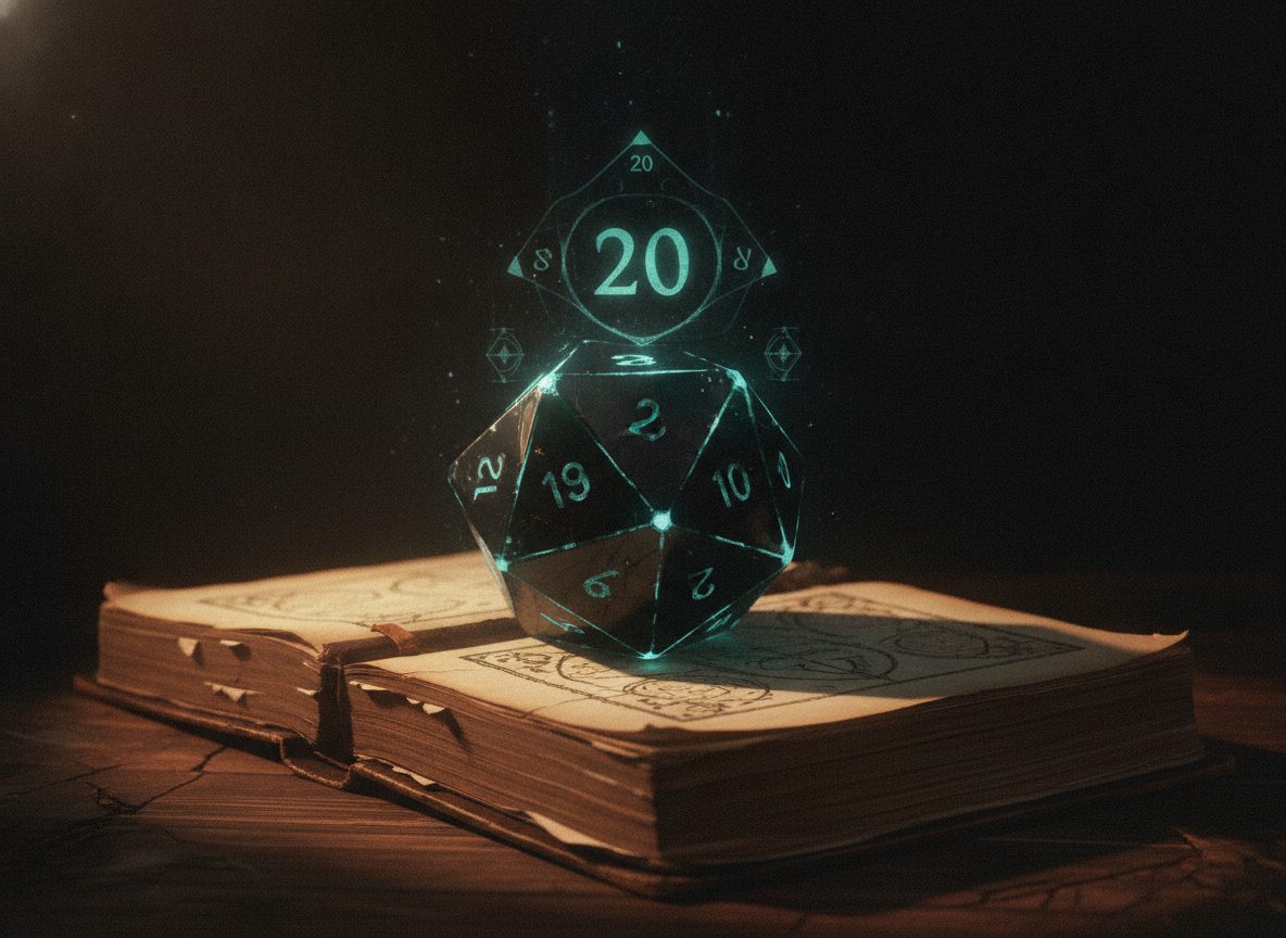 An obsidian d20 with glowing cyan edges resting on an open rulebook