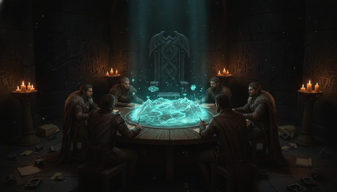 A party gathered around a glowing map-table, the chair at the head empty