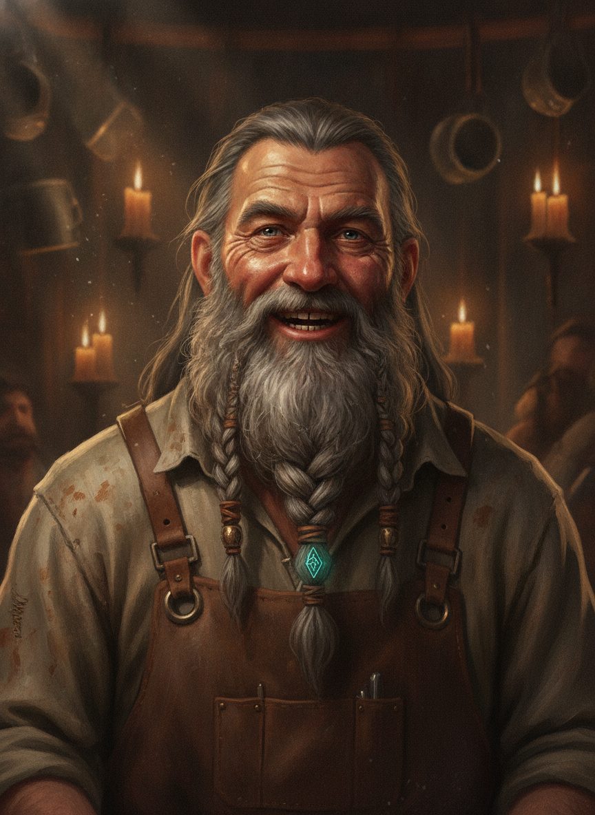 A characterful tavern keeper NPC lit by candlelight