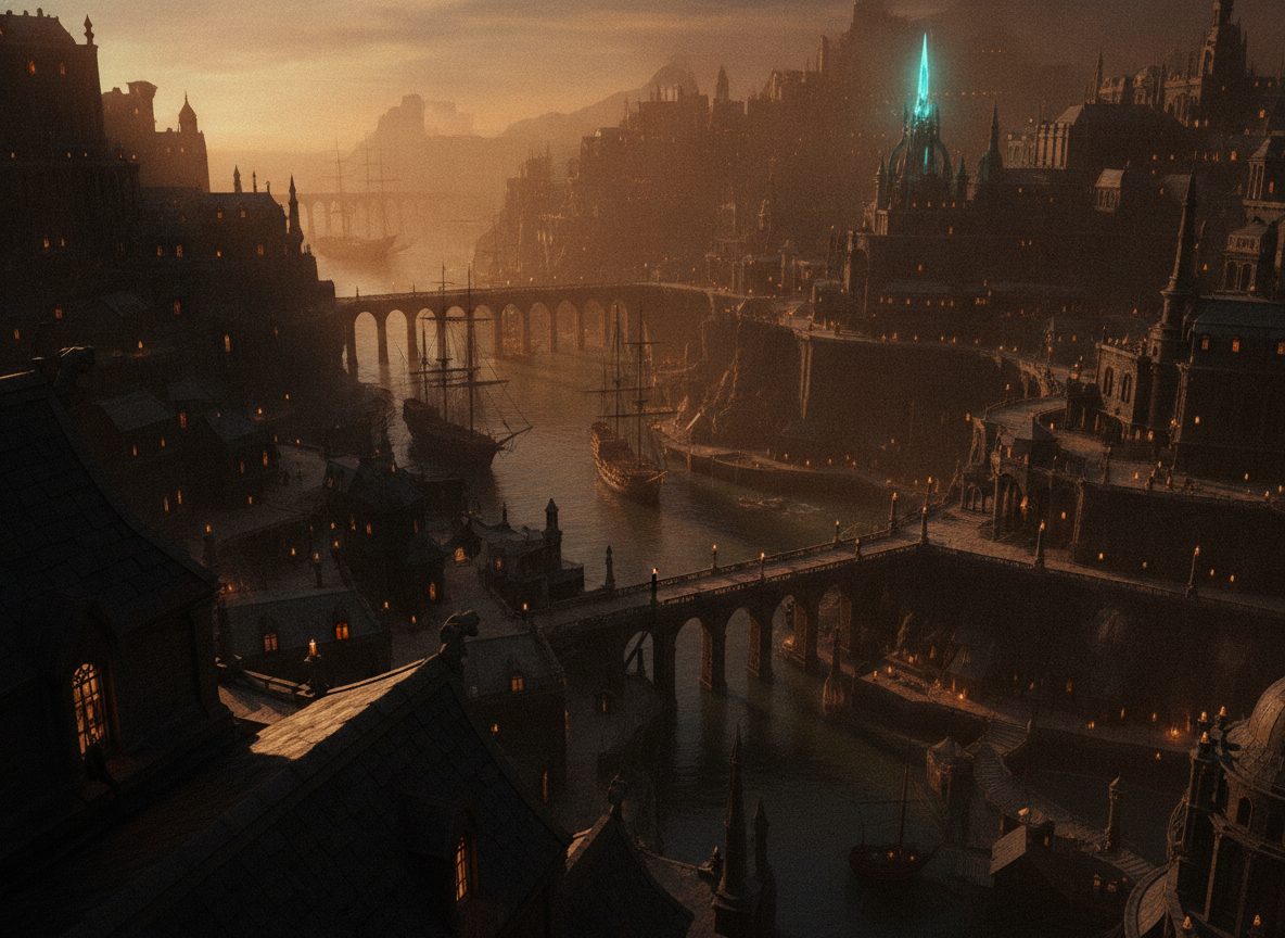 A fantasy port city at golden hour