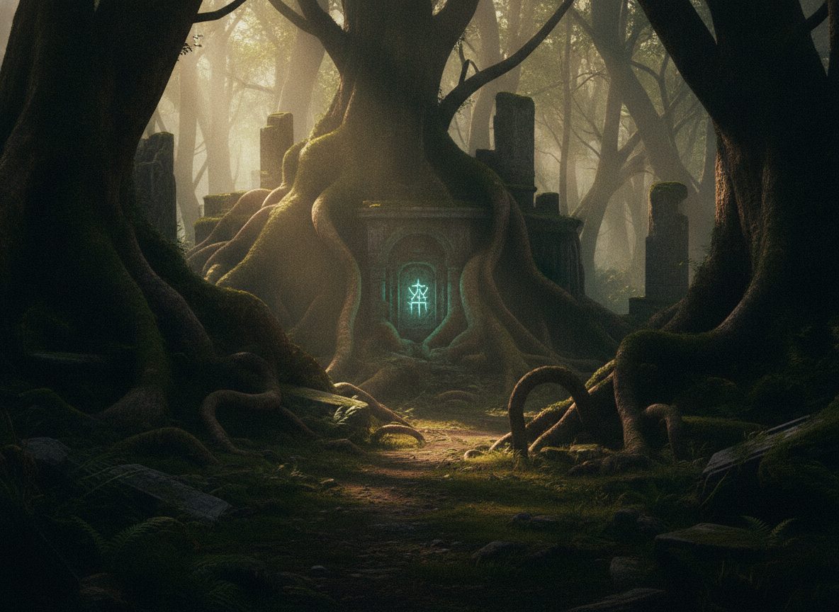 Ancient ruins in a misty forest